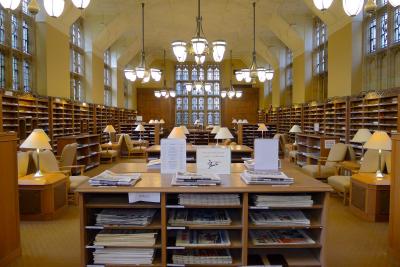 A newspaper display in a Yale library.